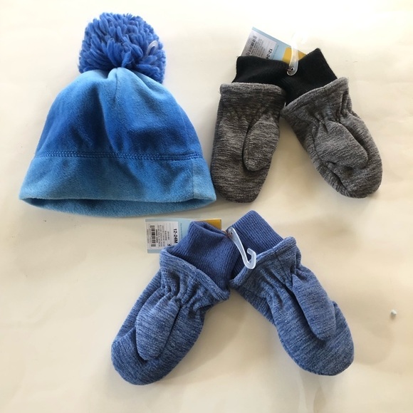 Cat & Jack Bundle Baby Fleece Ombré Pom Poms Beanie and Mittens 3 Pc Size 12/24M - Picture 2 of 6